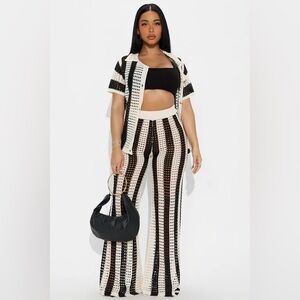 Fashion Nova Black and White Crochet Wide Leg Pants Set